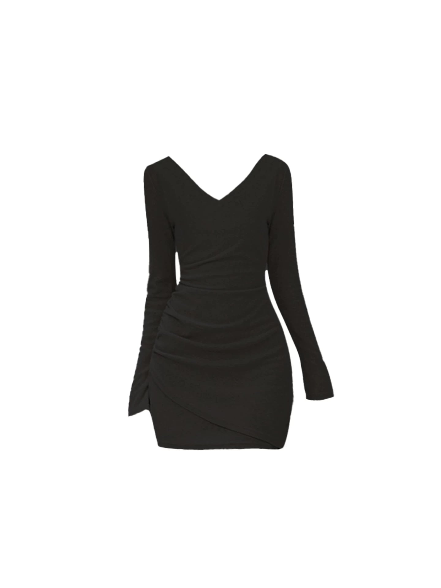 French Style Side Ruche Asymmetric Overlap Hem Detail Mini Skirt Sexy V Neck Long Sleeve Bodycon Short Dress AP5537