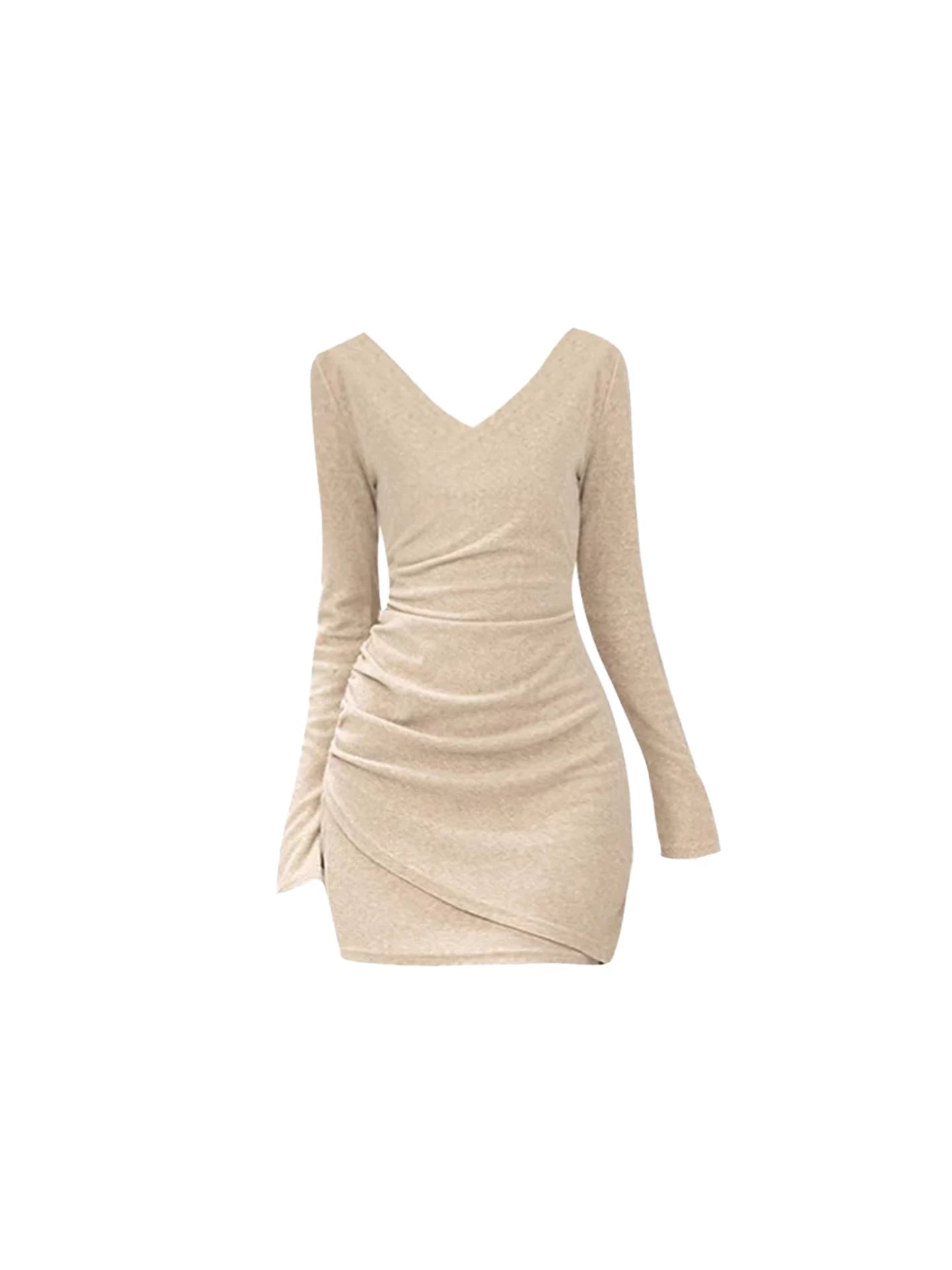 French Style Side Ruche Asymmetric Overlap Hem Detail Mini Skirt Sexy V Neck Long Sleeve Bodycon Short Dress AP5537