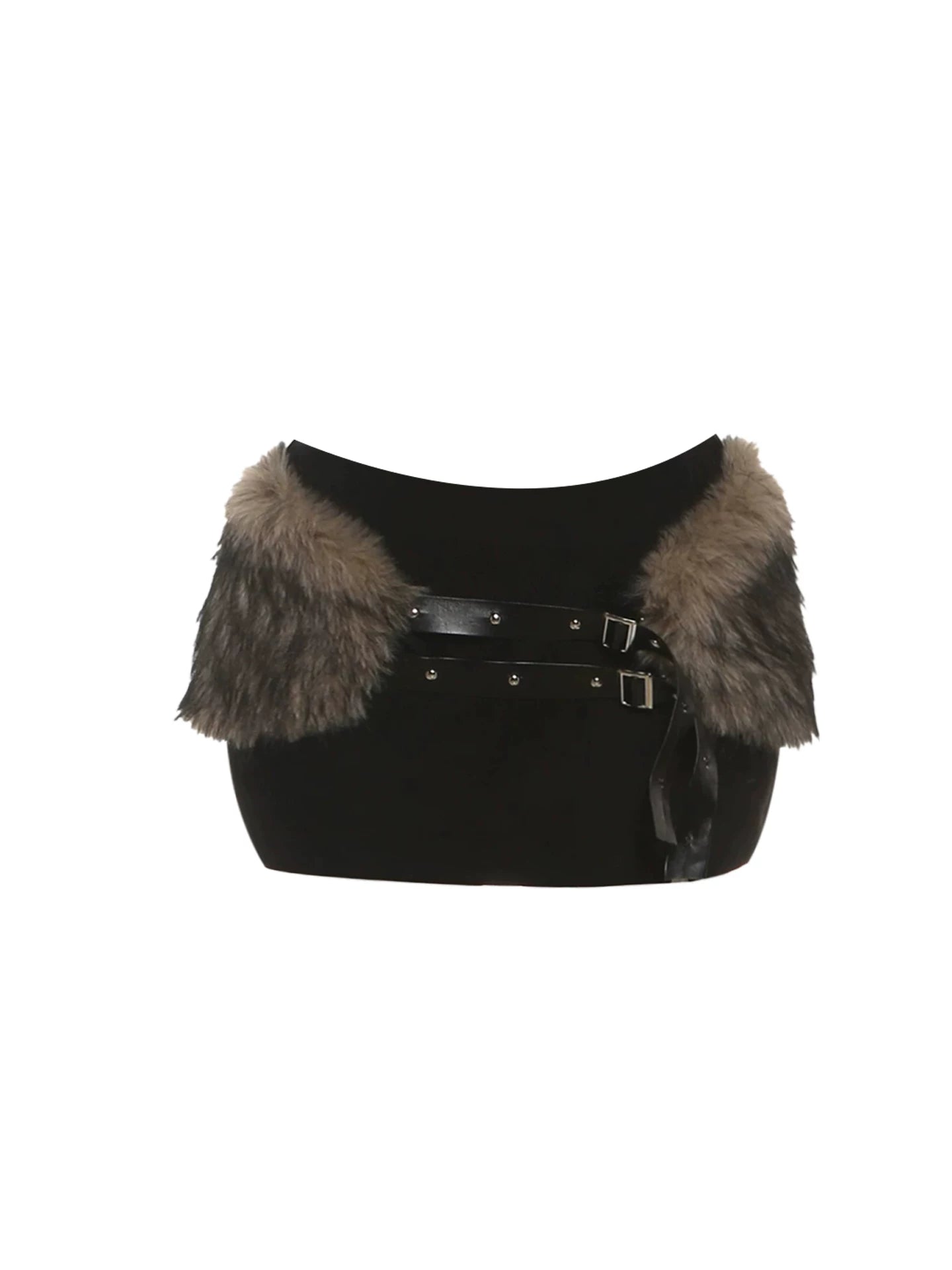 Boho-Inspired Low-Waist Belted Bodycon Mini Skirt Edgy Black Strapless Top Faux Fur Trim 2-Piece Short Dress AP5538