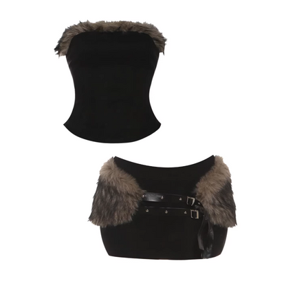 Boho-Inspired Low-Waist Belted Bodycon Mini Skirt Edgy Black Strapless Top Faux Fur Trim 2-Piece Short Dress AP5538
