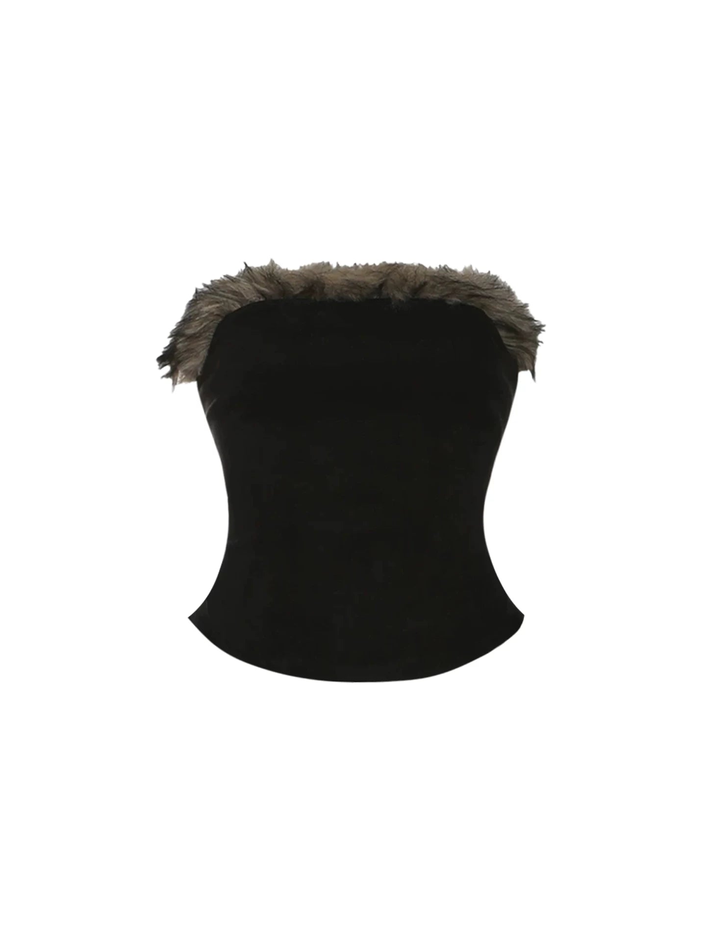 Boho-Inspired Low-Waist Belted Bodycon Mini Skirt Edgy Black Strapless Top Faux Fur Trim 2-Piece Short Dress AP5538