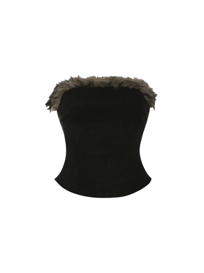 Boho-Inspired Low-Waist Belted Bodycon Mini Skirt Edgy Black Strapless Top Faux Fur Trim 2-Piece Short Dress AP5538
