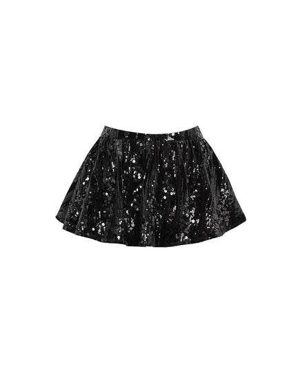 Stunning Lace-Up Detail Jewel Neck Sequin Flared A-Line Mini Skirt Hottie Black Long Sleeve Knit Crop Top 2-Piece Short Dress AP5539