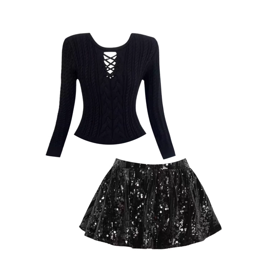 Stunning Lace-Up Detail Jewel Neck Sequin Flared A-Line Mini Skirt Hottie Black Long Sleeve Knit Crop Top 2-Piece Short Dress AP5539