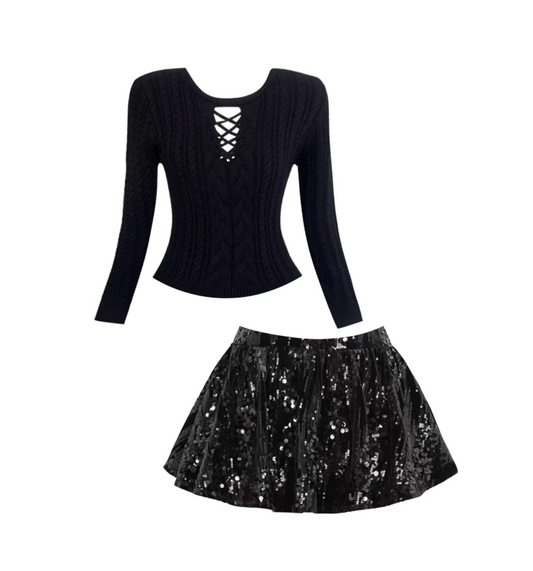 Stunning Lace-Up Detail Jewel Neck Sequin Flared A-Line Mini Skirt Hottie Black Long Sleeve Knit Crop Top 2-Piece Short Dress AP5539