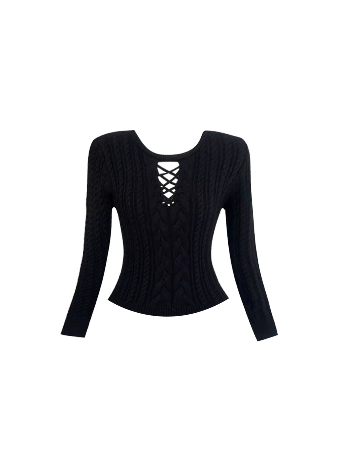 Stunning Lace-Up Detail Jewel Neck Sequin Flared A-Line Mini Skirt Hottie Black Long Sleeve Knit Crop Top 2-Piece Short Dress AP5539