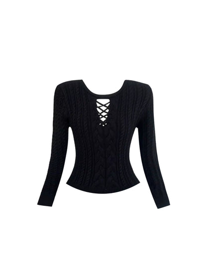 Stunning Lace-Up Detail Jewel Neck Sequin Flared A-Line Mini Skirt Hottie Black Long Sleeve Knit Crop Top 2-Piece Short Dress AP5539