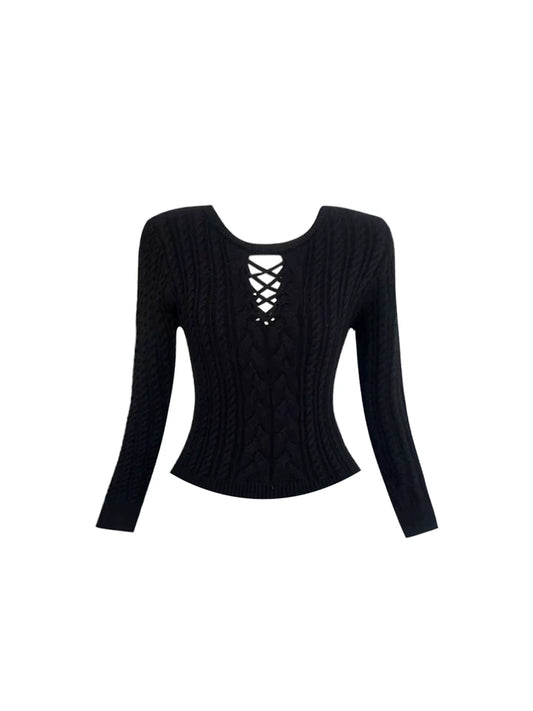 Stunning Lace-Up Detail Jewel Neck Sequin Flared A-Line Mini Skirt Hottie Black Long Sleeve Knit Crop Top 2-Piece Short Dress AP5539