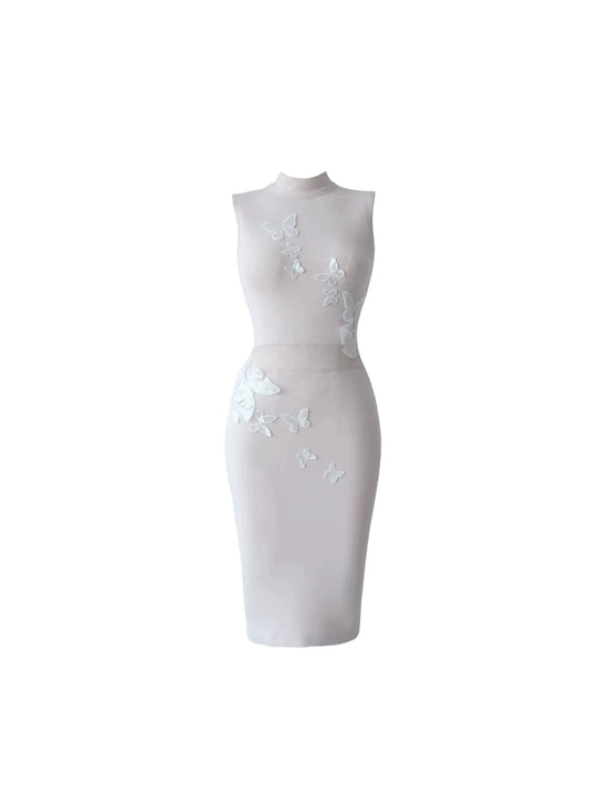 Minimalist 3D Butterfly Accent Bodycon Midi Dress Romantic White High Neck Sleeveless Long Dress AP5540