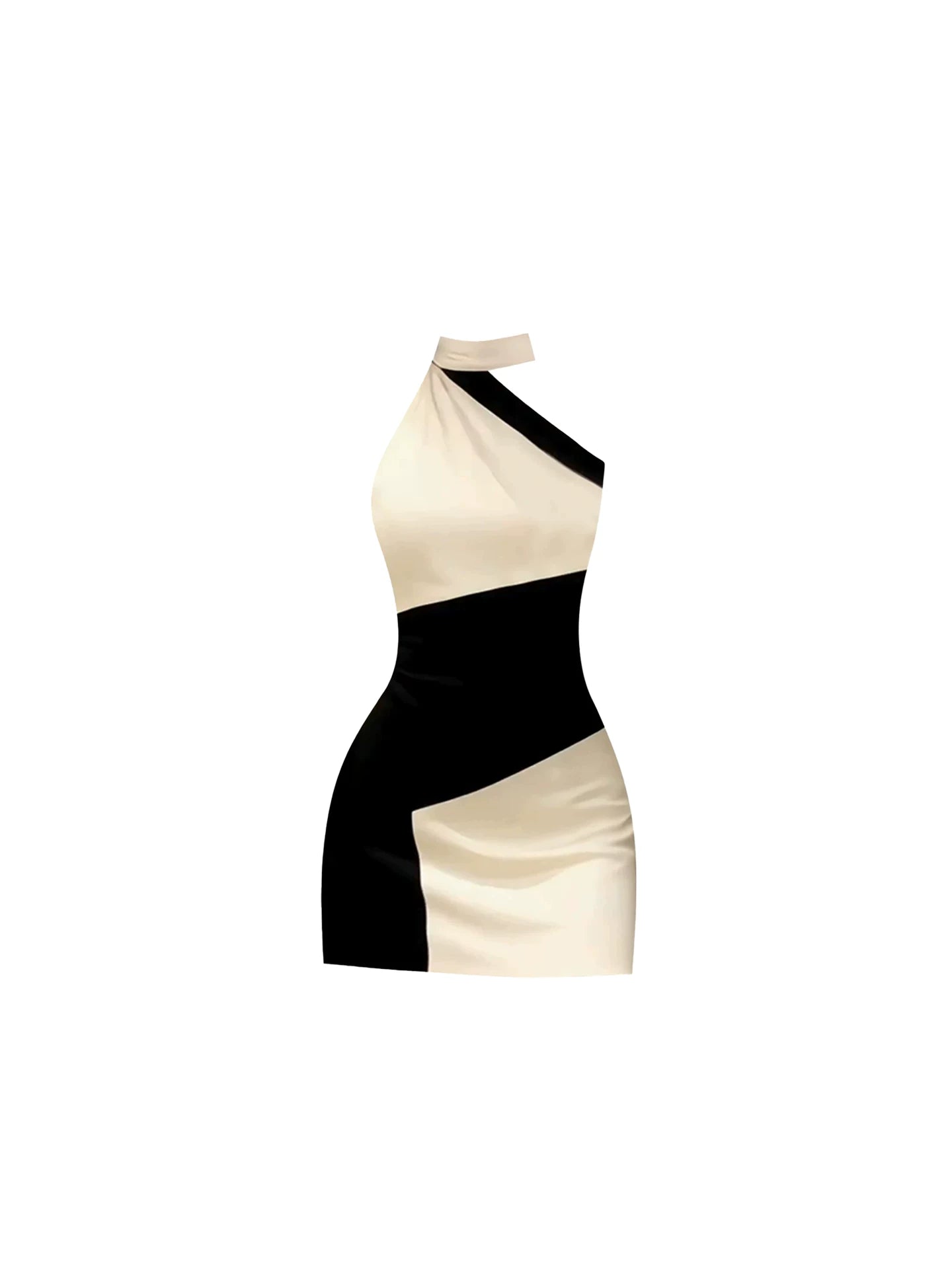 Simple Color-Blocked Bodycon Mini Dress Cream Black Asymmetric Halter Short Dress AP5541