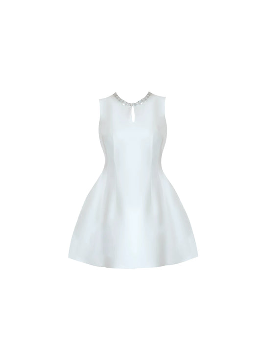 Charming Rhinestone Detail Keyhole Neck Flared Hem Mini Skirt Elegant White Sleeveless A-Line Short Dress AP5542