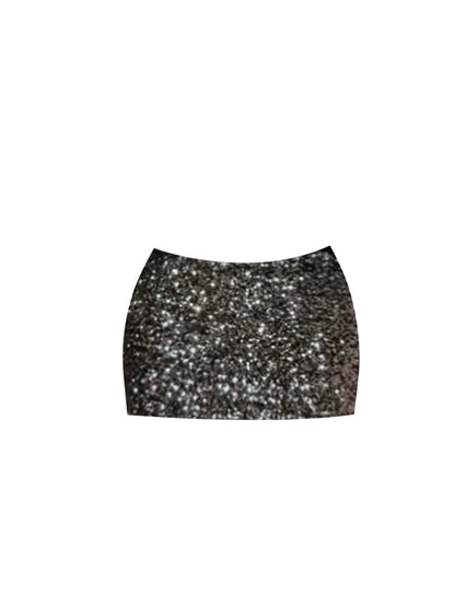 Sparkly Long Sleeve Crop Top 2-Piece Mini Skirt Sexy Black Sequin Accent Bodycon Short Dress AP5543