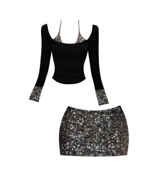 Sparkly Long Sleeve Crop Top 2-Piece Mini Skirt Sexy Black Sequin Accent Bodycon Short Dress AP5543