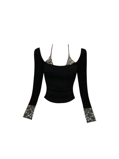 Sparkly Long Sleeve Crop Top 2-Piece Mini Skirt Sexy Black Sequin Accent Bodycon Short Dress AP5543