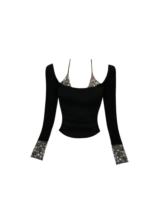 Sparkly Long Sleeve Crop Top 2-Piece Mini Skirt Sexy Black Sequin Accent Bodycon Short Dress AP5543