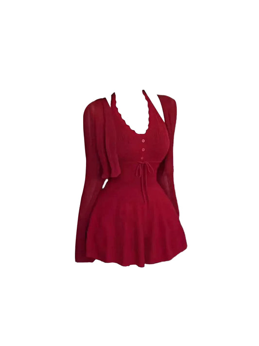 Flowy Scallop Neck Buttons Accent A-Line Mini Skirt Trendy Burgundy Halter Short Dress AP5545