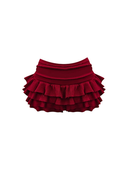 Adorable Faux Fur Collar Top Cartoon Accents A-Line Mini Skirt Chic White & Burgundy Two-Piece Tiered Ruffled Halter Short Dress AP5546