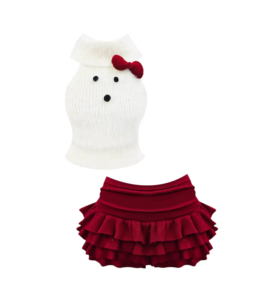 Adorable Faux Fur Collar Top Cartoon Accents A-Line Mini Skirt Chic White & Burgundy Two-Piece Tiered Ruffled Halter Short Dress AP5546
