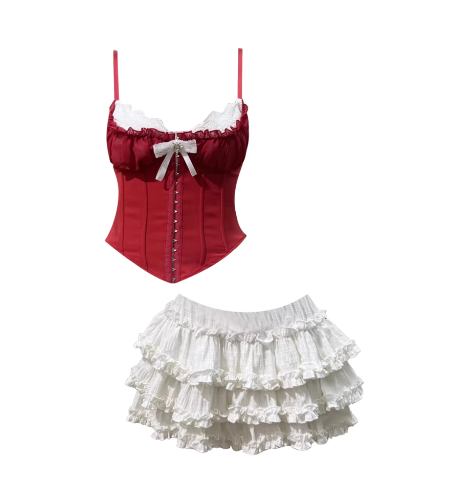 Playful Pearl Bow White Ruffle Neckline Layered White Tulle Mini Skirt Romantic Red Satin Corset Top Spaghetti Strap A-Line Short Dress AP5547