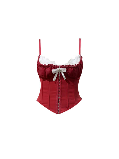 Playful Pearl Bow White Ruffle Neckline Layered White Tulle Mini Skirt Romantic Red Satin Corset Top Spaghetti Strap A-Line Short Dress AP5547