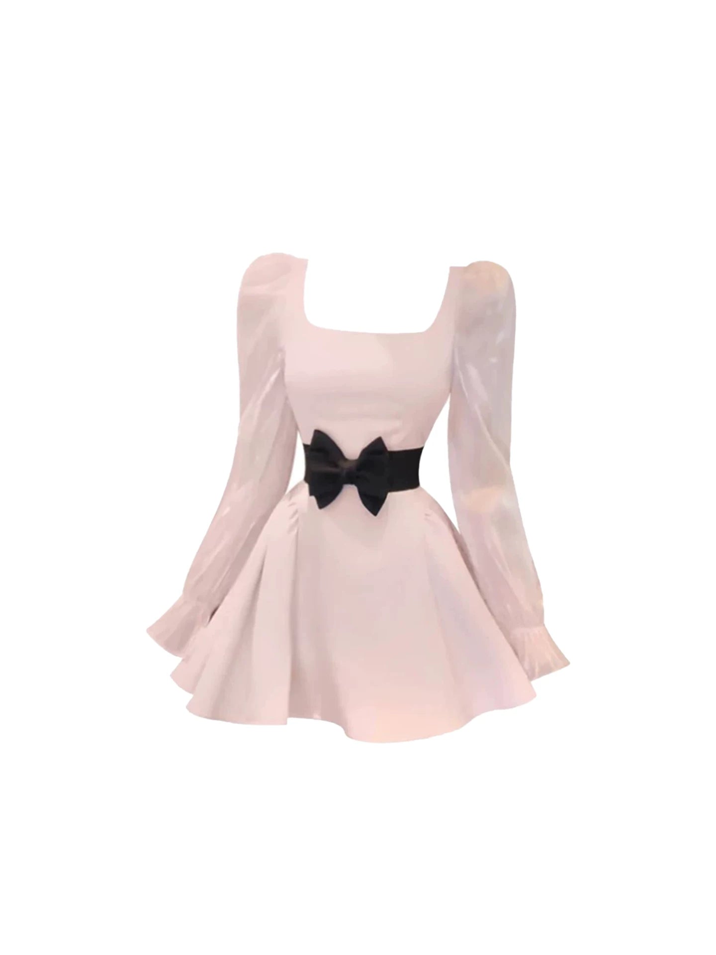 Stylish Sheer Puff Sleeves Black Bow Belt A-Line Mini Skirt Trendy Pale Pink Square Neck Flared Short Dress AP5548