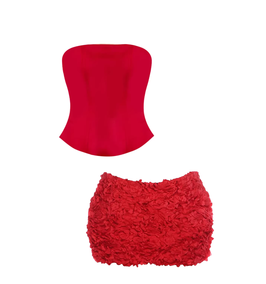 Flattering Satin Corset Top Bodycon Mini Skirt Charming Strapless 3D Petal-Textured 2-Piece Short Dress AP5550