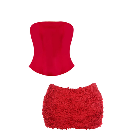 Flattering Satin Corset Top Bodycon Mini Skirt Charming Strapless 3D Petal-Textured 2-Piece Short Dress AP5550
