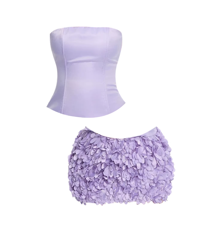 Flattering Satin Corset Top Bodycon Mini Skirt Charming Strapless 3D Petal-Textured 2-Piece Short Dress AP5550