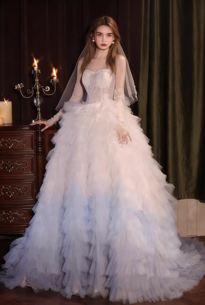 Attractive Strapless A-Line Bridal Gowns Tiered Ombre Tulle Wedding Dress AP5552