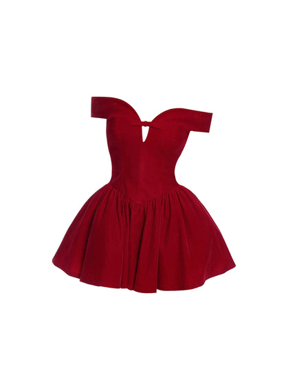 Trendy Bow Detail Flared A-Line Mini Skirt Chic Off-Shoulder Heart Neckline Short Dress AP5551