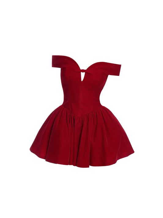 Trendy Bow Detail Flared A-Line Mini Skirt Chic Off-Shoulder Heart Neckline Short Dress AP5551
