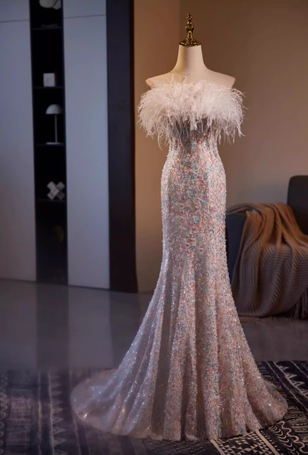 Vogue Off-Shoulder Mermaid Sweet 16th Dresses Sequins Feather Prom Dress AP5554
