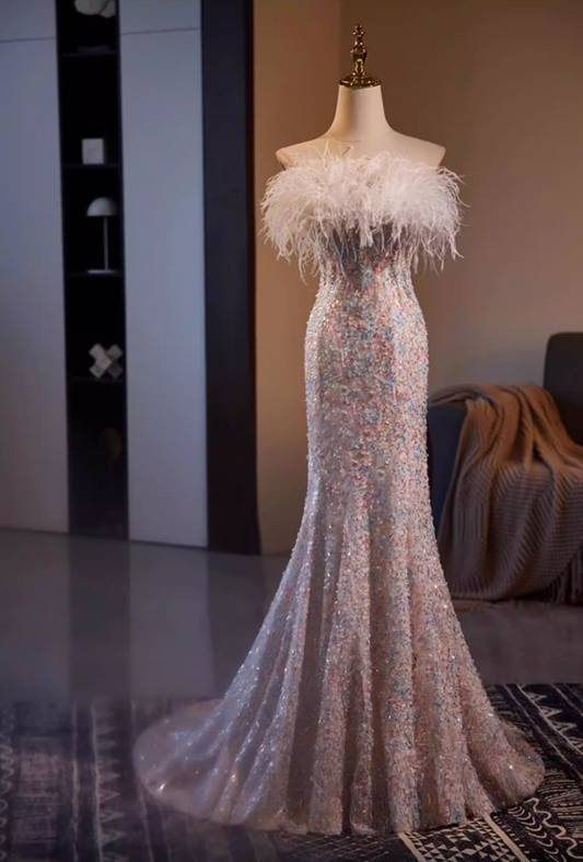 Vogue Off-Shoulder Mermaid Sweet 16th Dresses Sequins Feather Prom Dress AP5554