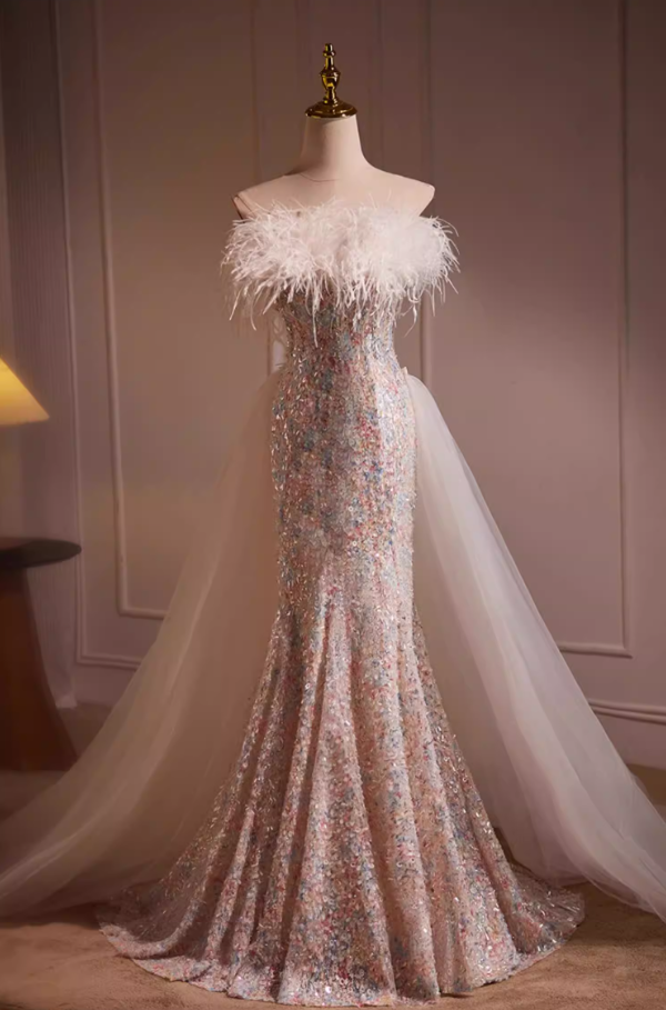 Vogue Off-Shoulder Mermaid Sweet 16th Dresses Sequins Feather Prom Dress AP5554