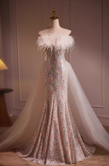 Vogue Off-Shoulder Mermaid Sweet 16th Dresses Sequins Feather Prom Dress AP5554