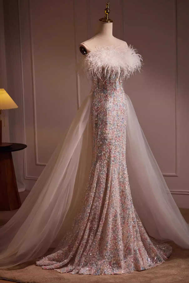 Vogue Off-Shoulder Mermaid Sweet 16th Dresses Sequins Feather Prom Dress AP5554