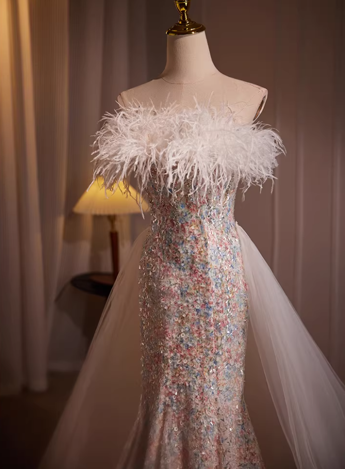 Vogue Off-Shoulder Mermaid Sweet 16th Dresses Sequins Feather Prom Dress AP5554