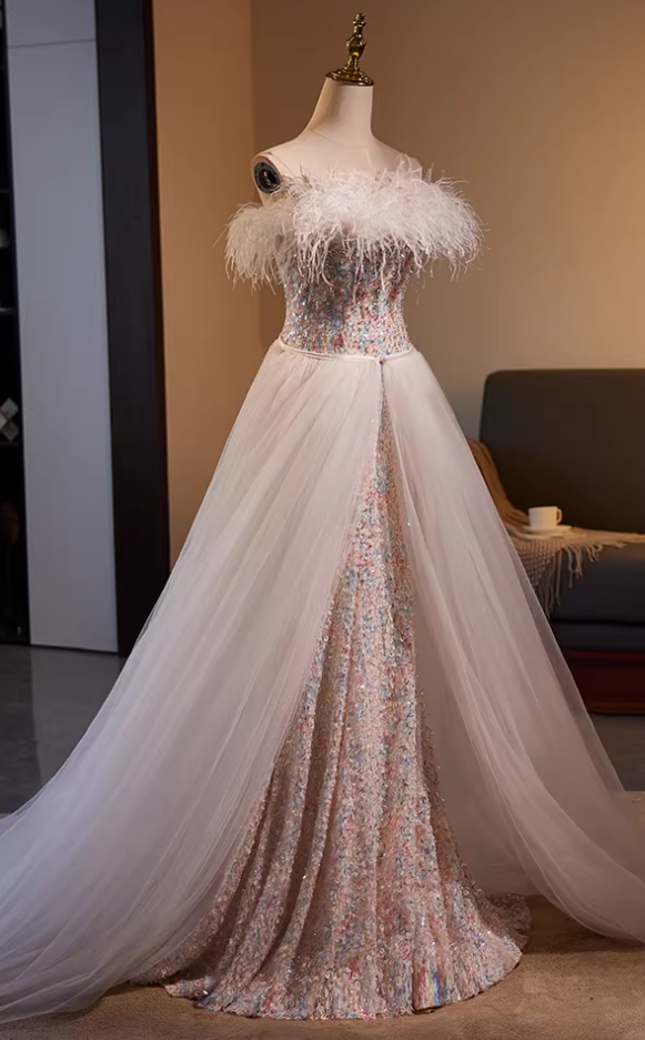 Vogue Off-Shoulder Mermaid Sweet 16th Dresses Sequins Feather Prom Dress AP5554
