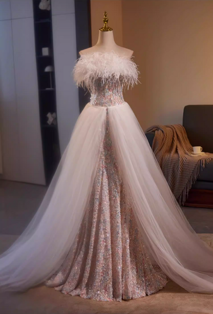 Vogue Off-Shoulder Mermaid Sweet 16th Dresses Sequins Feather Prom Dress AP5554