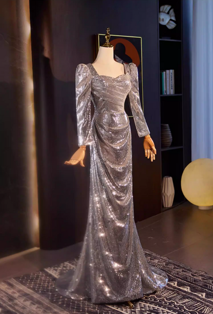 Glittering Long Sleeve Square Neck Evening Dress Silver Sequins Draped Prom Dress AP5555