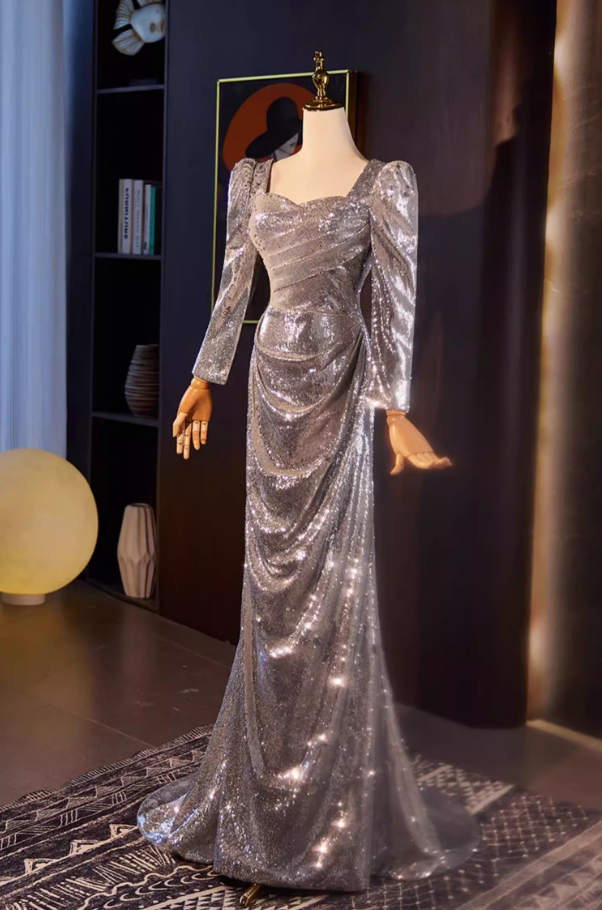 Glittering Long Sleeve Square Neck Evening Dress Silver Sequins Draped Prom Dress AP5555
