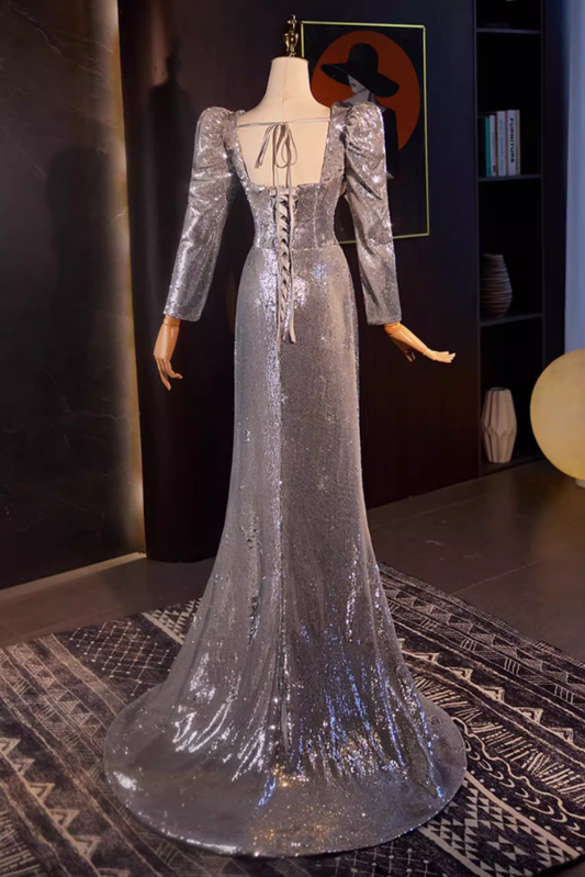 Glittering Long Sleeve Square Neck Evening Dress Silver Sequins Draped Prom Dress AP5555