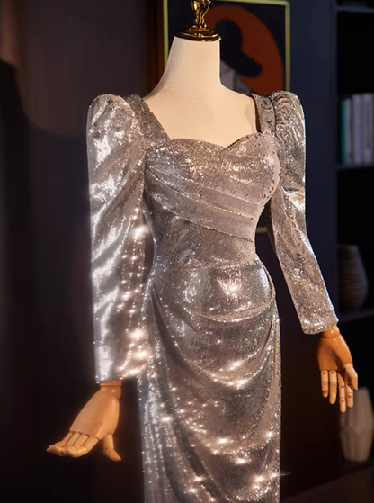 Glittering Long Sleeve Square Neck Evening Dress Silver Sequins Draped Prom Dress AP5555