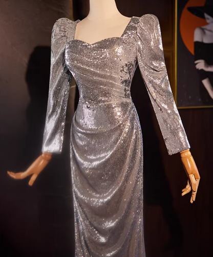 Glittering Long Sleeve Square Neck Evening Dress Silver Sequins Draped Prom Dress AP5555