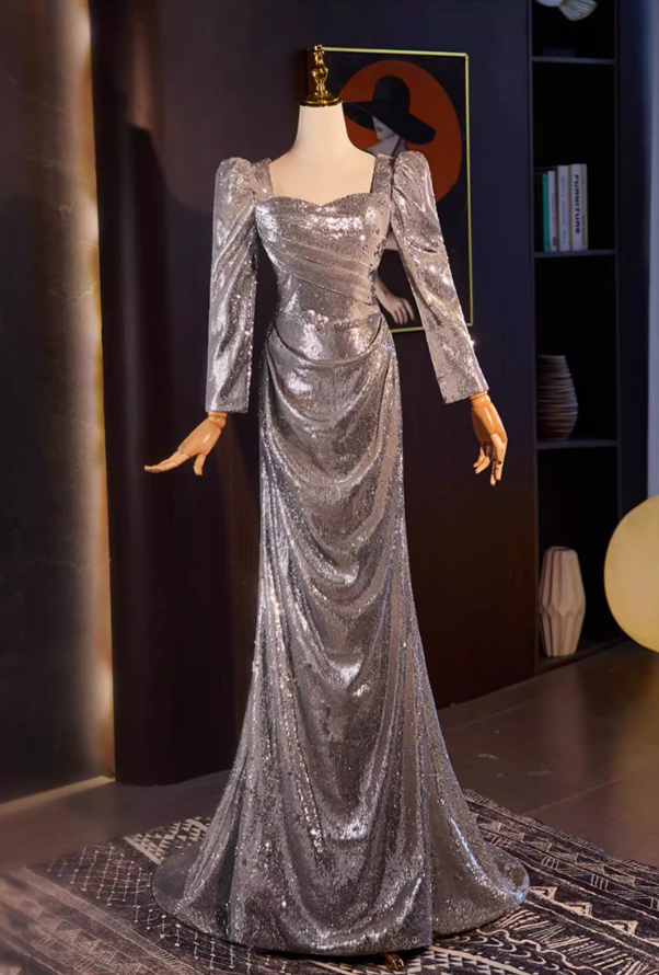 Glittering Long Sleeve Square Neck Evening Dress Silver Sequins Draped Prom Dress AP5555