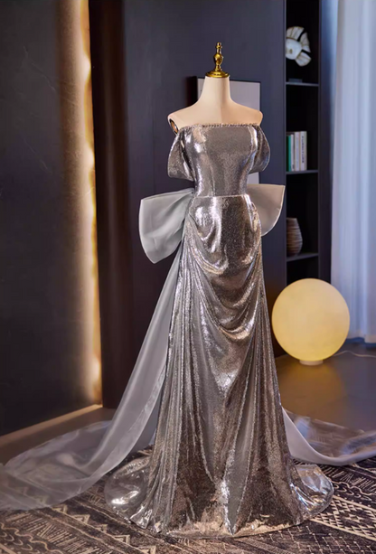 Modern Sheath Beading Off-Shoulder Sweet 16th Dresses Bow Train Sequins Prom Dress AP5556