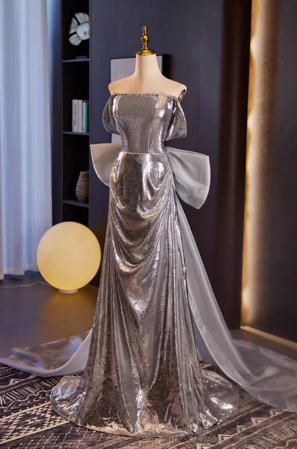 Modern Sheath Beading Off-Shoulder Sweet 16th Dresses Bow Train Sequins Prom Dress AP5556