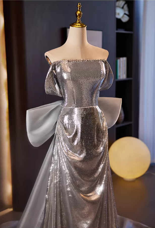 Modern Sheath Beading Off-Shoulder Sweet 16th Dresses Bow Train Sequins Prom Dress AP5556