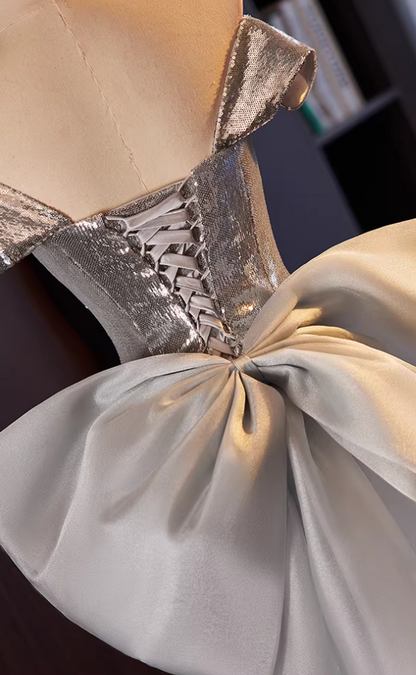 Modern Sheath Beading Off-Shoulder Sweet 16th Dresses Bow Train Sequins Prom Dress AP5556