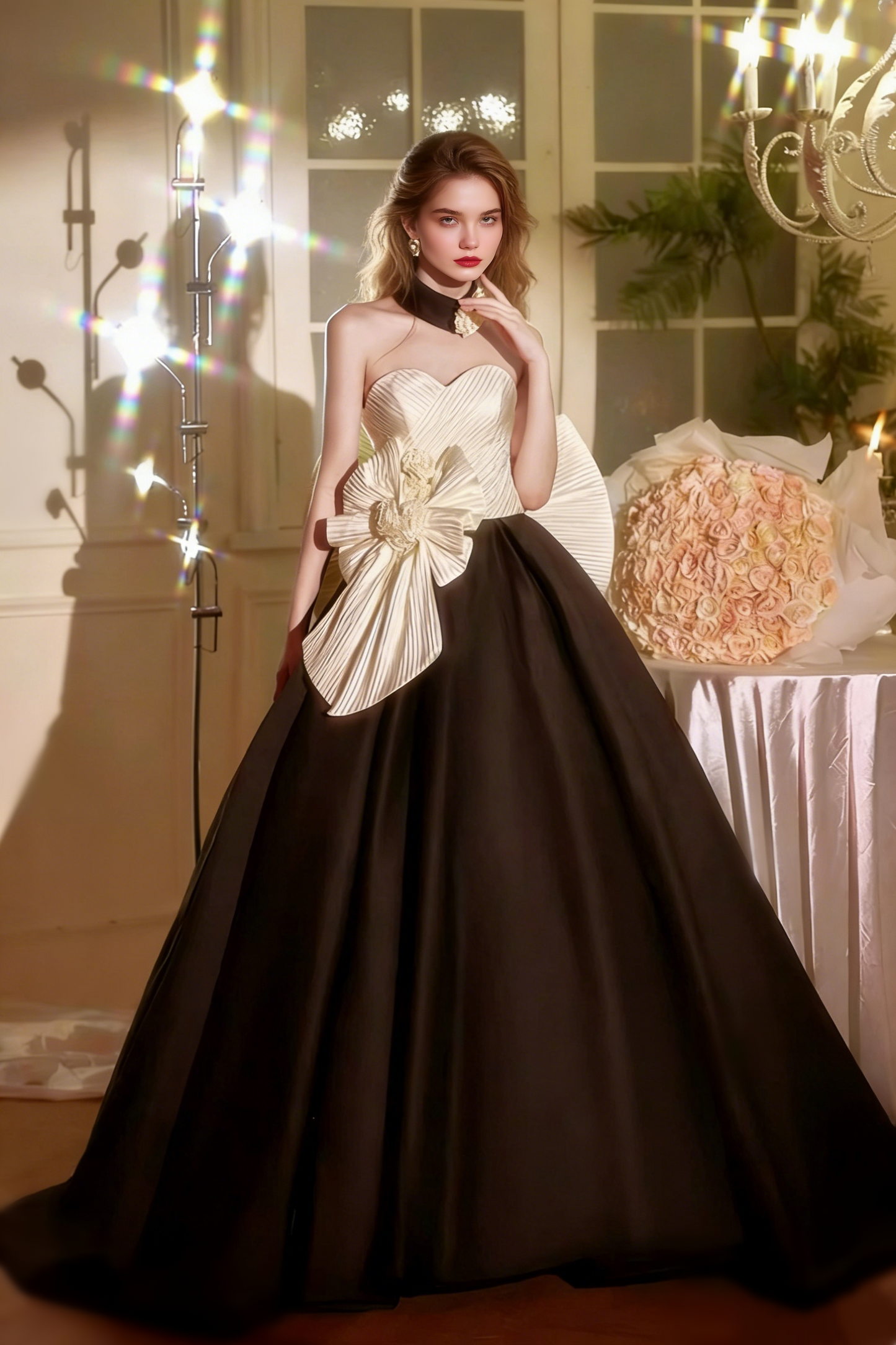 Princess Strapless A-Line Color-Blocked Sweet 16th Gowns Handmade Flowers Bows Prom Dress AP5557